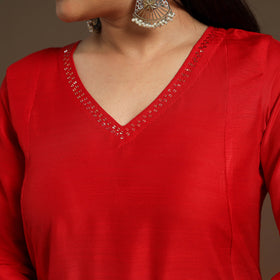 Red Slub Silk A-Line Plain Kurta with Hand Embroidery