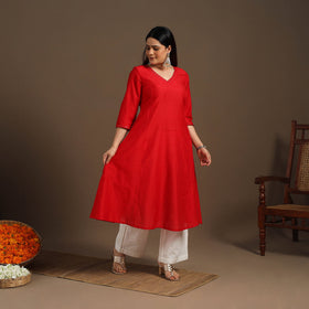 Red Slub Silk A-Line Plain Kurta with Hand Embroidery
