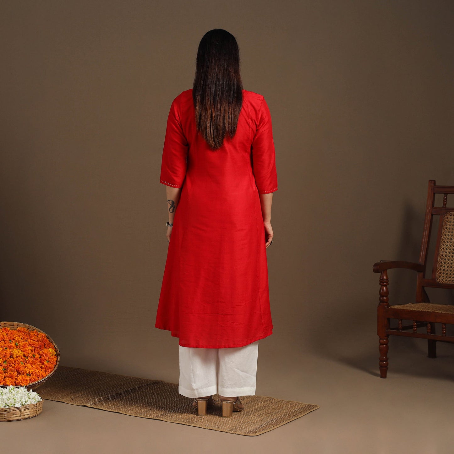 Red Slub Silk A-Line Plain Kurta with Hand Embroidery
