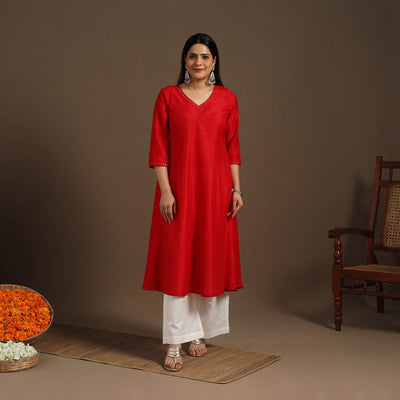 Red Slub Silk A-Line Plain Kurta with Hand Embroidery