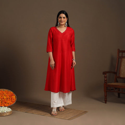 Red Slub Silk A-Line Plain Kurta with Hand Embroidery