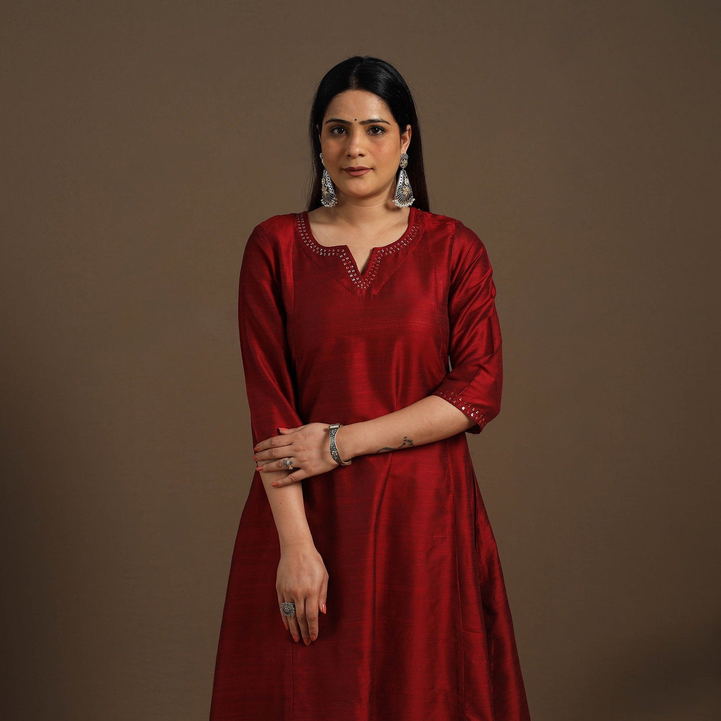 Red Slub Silk A-Line Plain Kurta with Hand Embroidery