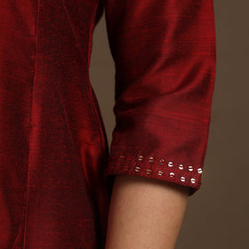 Red Slub Silk A-Line Plain Kurta with Hand Embroidery