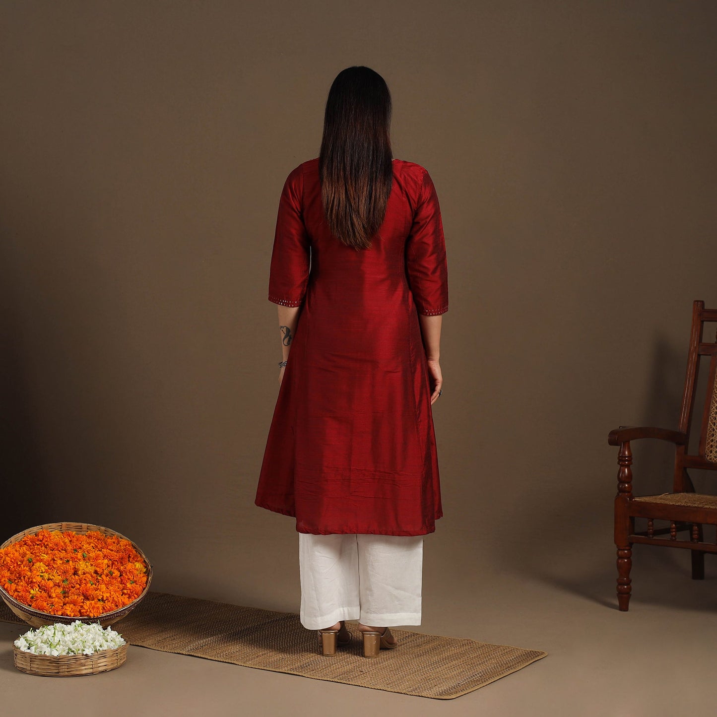 Red Slub Silk A-Line Plain Kurta with Hand Embroidery