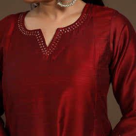 Red Slub Silk A-Line Plain Kurta with Hand Embroidery