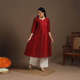 Red Slub Silk A-Line Plain Kurta with Hand Embroidery