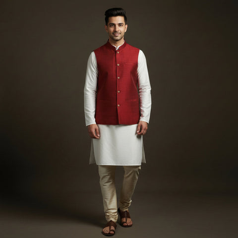 Slub silk men plain nehru jacket 12 - handcrafted