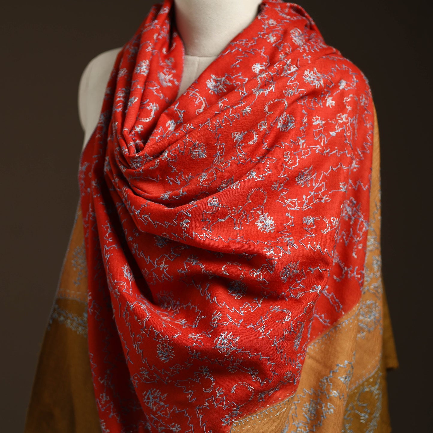 Red - sozni heavy hand embroidery work kashmiri merino wool