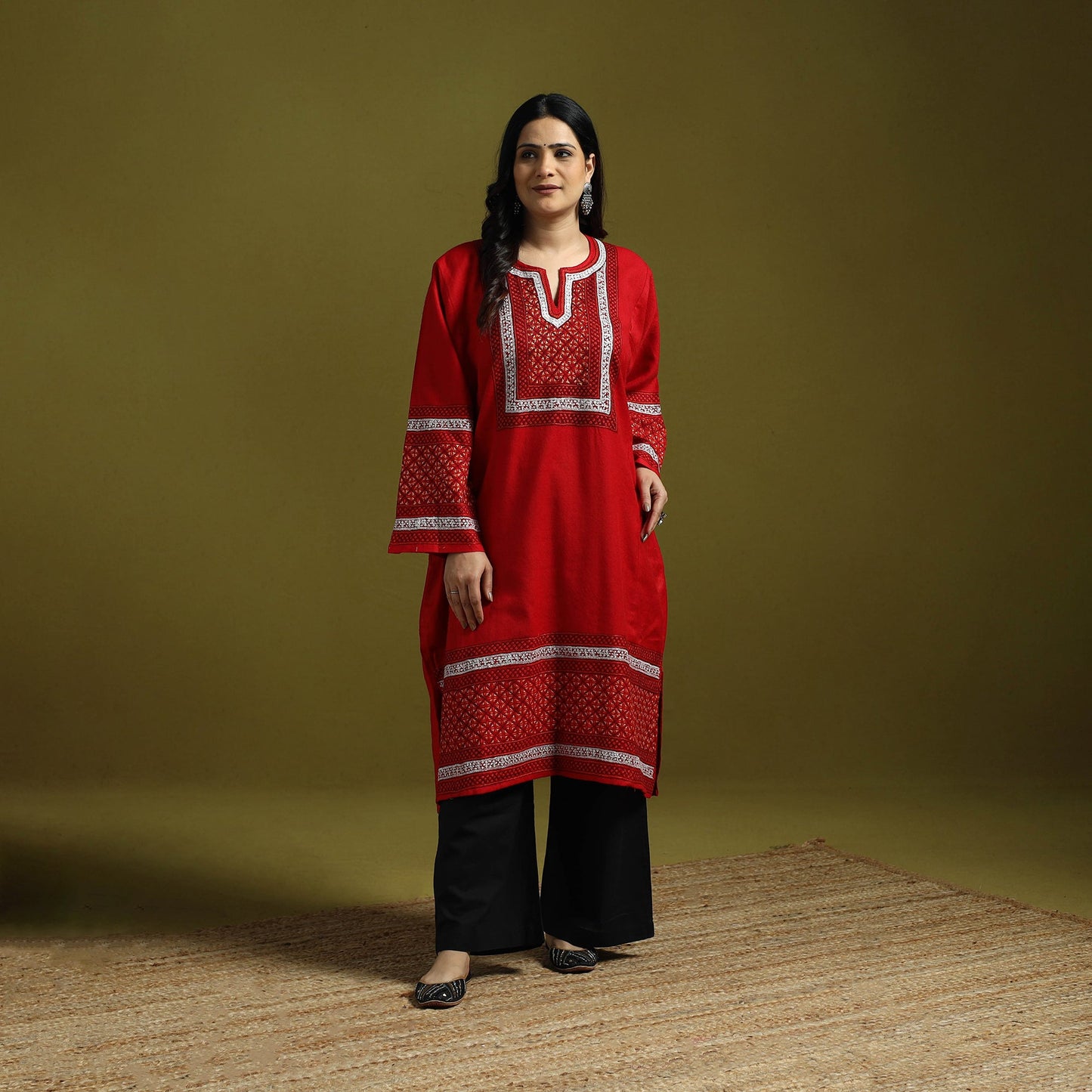 Red - sozni zari work hand embroidery kashmiri merino wool