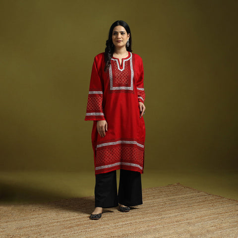Red - sozni zari work hand embroidery kashmiri merino wool