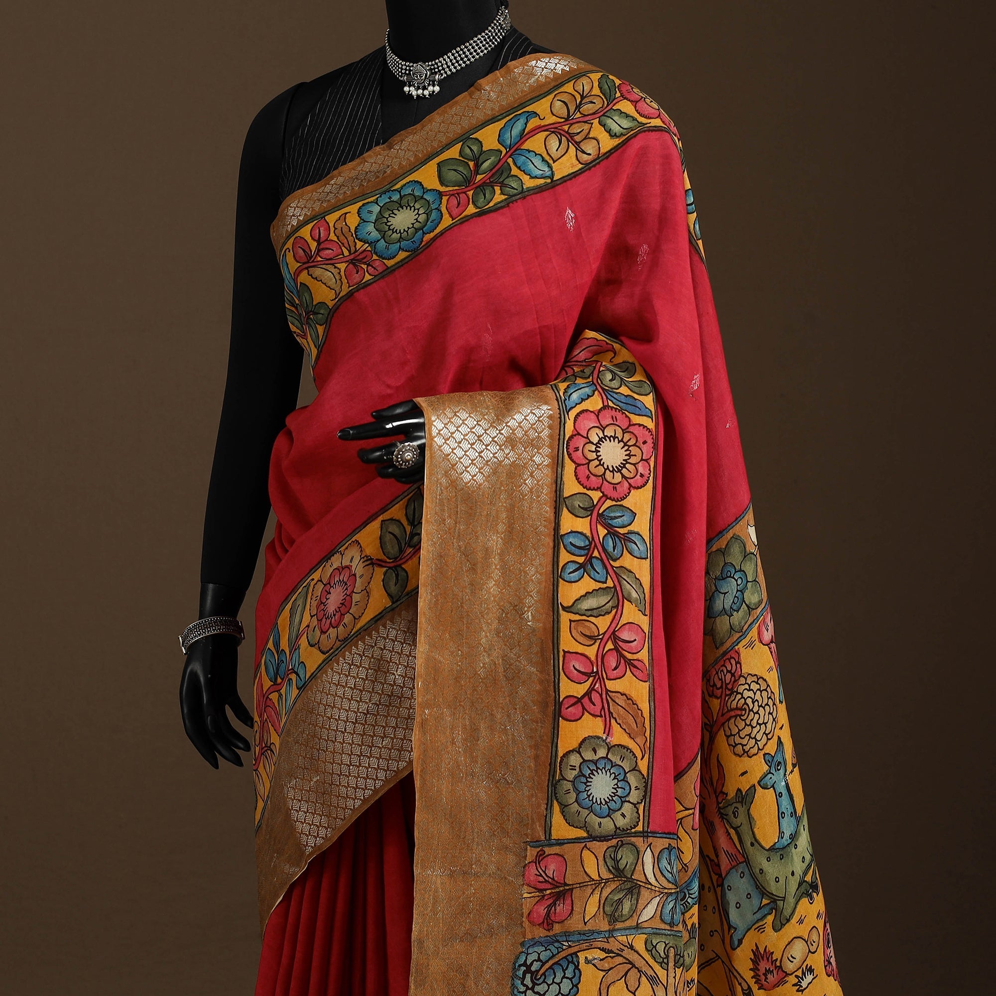 Brown - Srikalahasti Kalamkari Pen Work Mangalagiri Handloom Cotton Natural Dyed Handpainted Dupatta 29