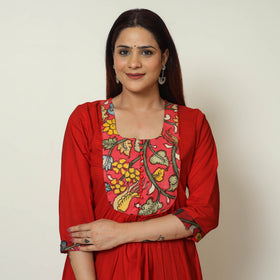 Srikalahasti Kalamkari Patchwork Plain Cotton A-Line Kurta