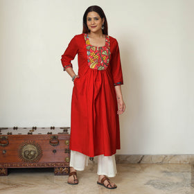 Srikalahasti Kalamkari Patchwork Plain Cotton A-Line Kurta
