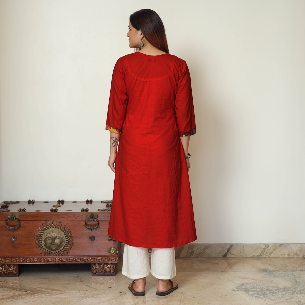 Srikalahasti Kalamkari Patchwork Plain Cotton A-Line Kurta