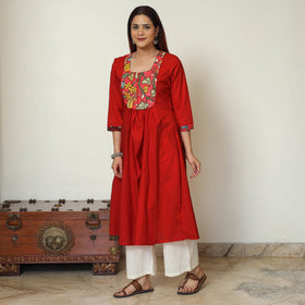 Srikalahasti Kalamkari Patchwork Plain Cotton A-Line Kurta