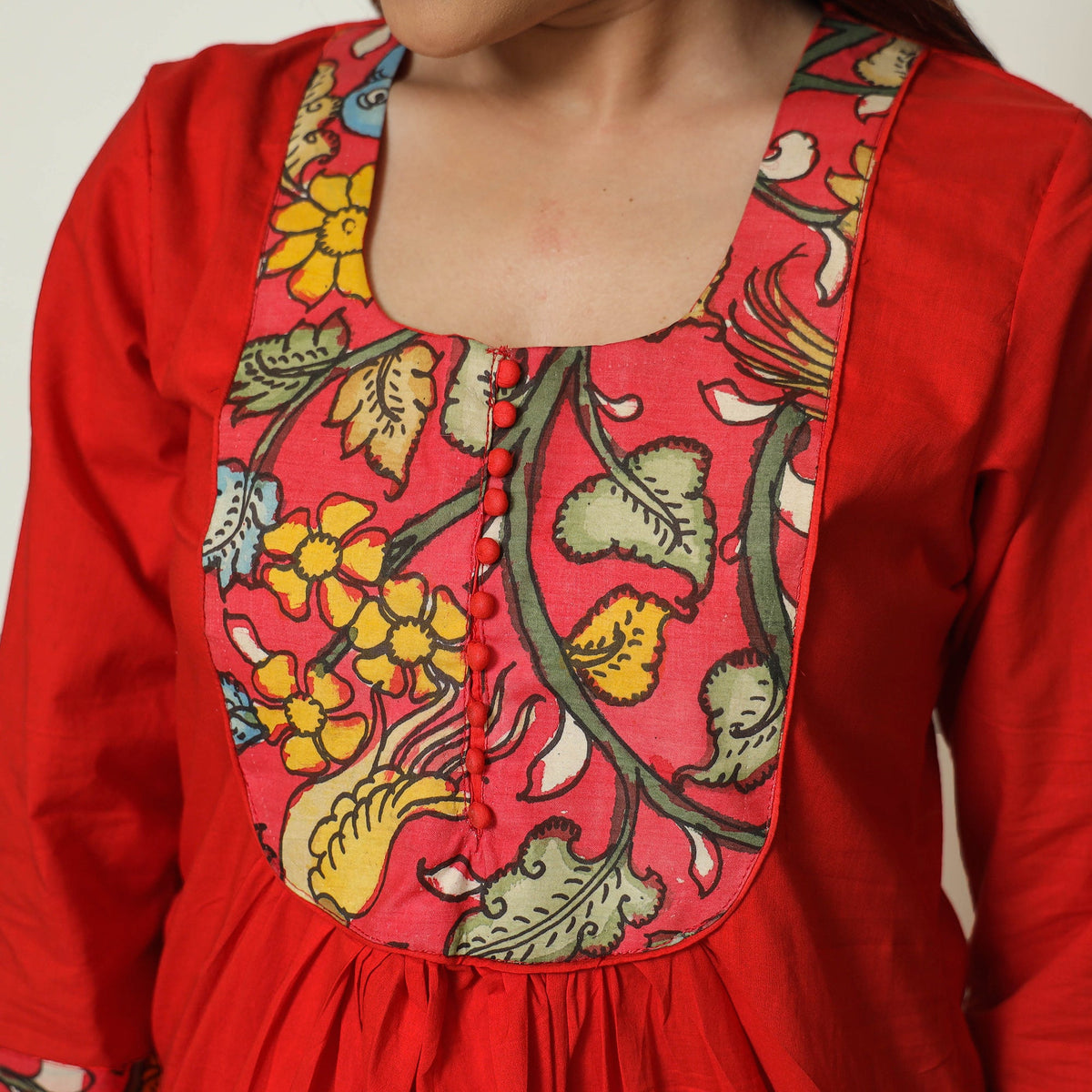 Srikalahasti Kalamkari Patchwork Plain Cotton A-Line Kurta