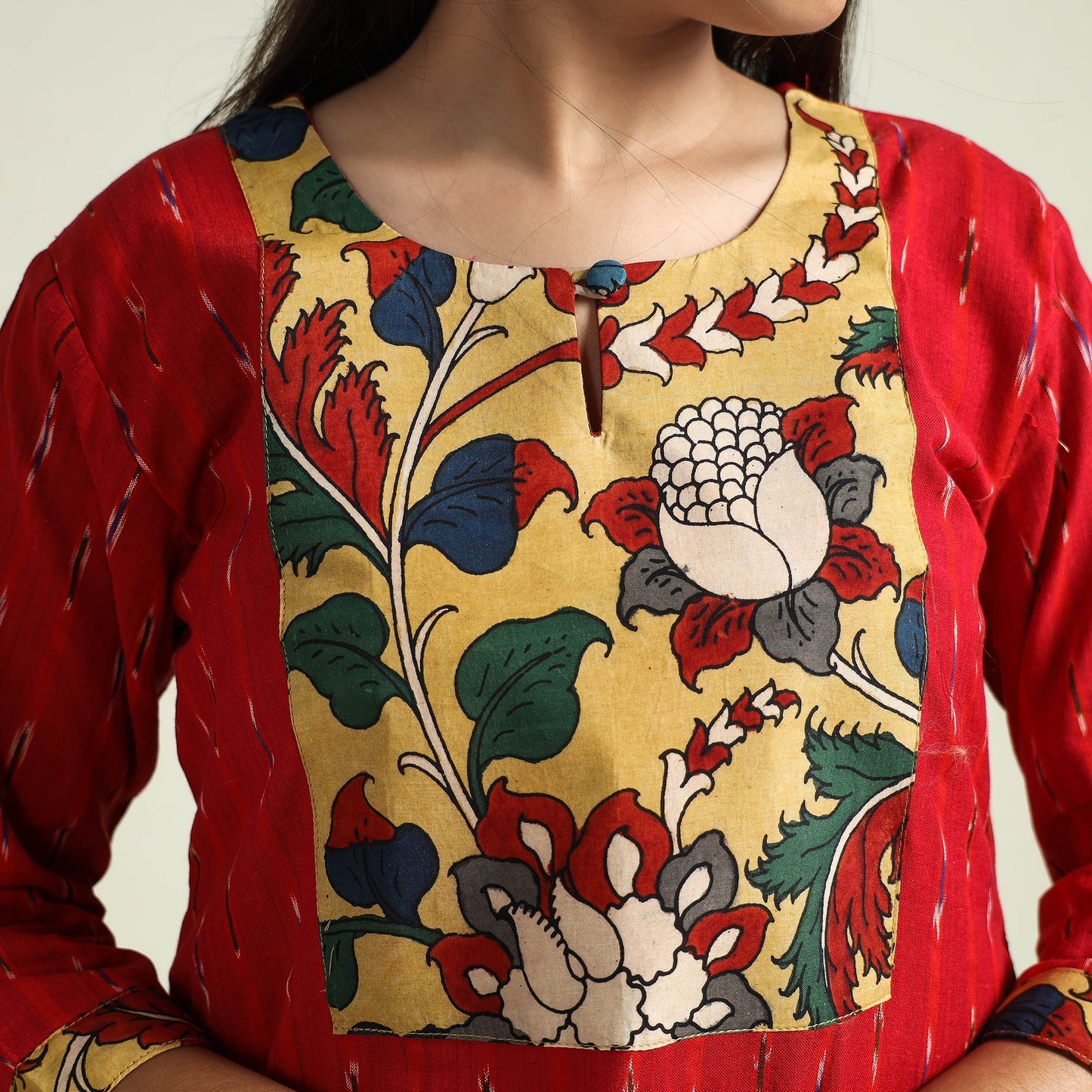 Red Srikalahasti Kalamkari Patchwork Pochampally Ikat Cotton Kurta 