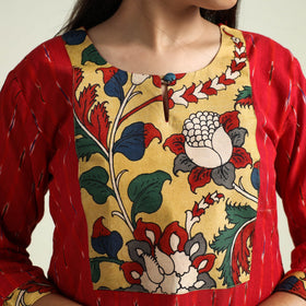 Red Srikalahasti Kalamkari Patchwork Pochampally Ikat Cotton Kurta 