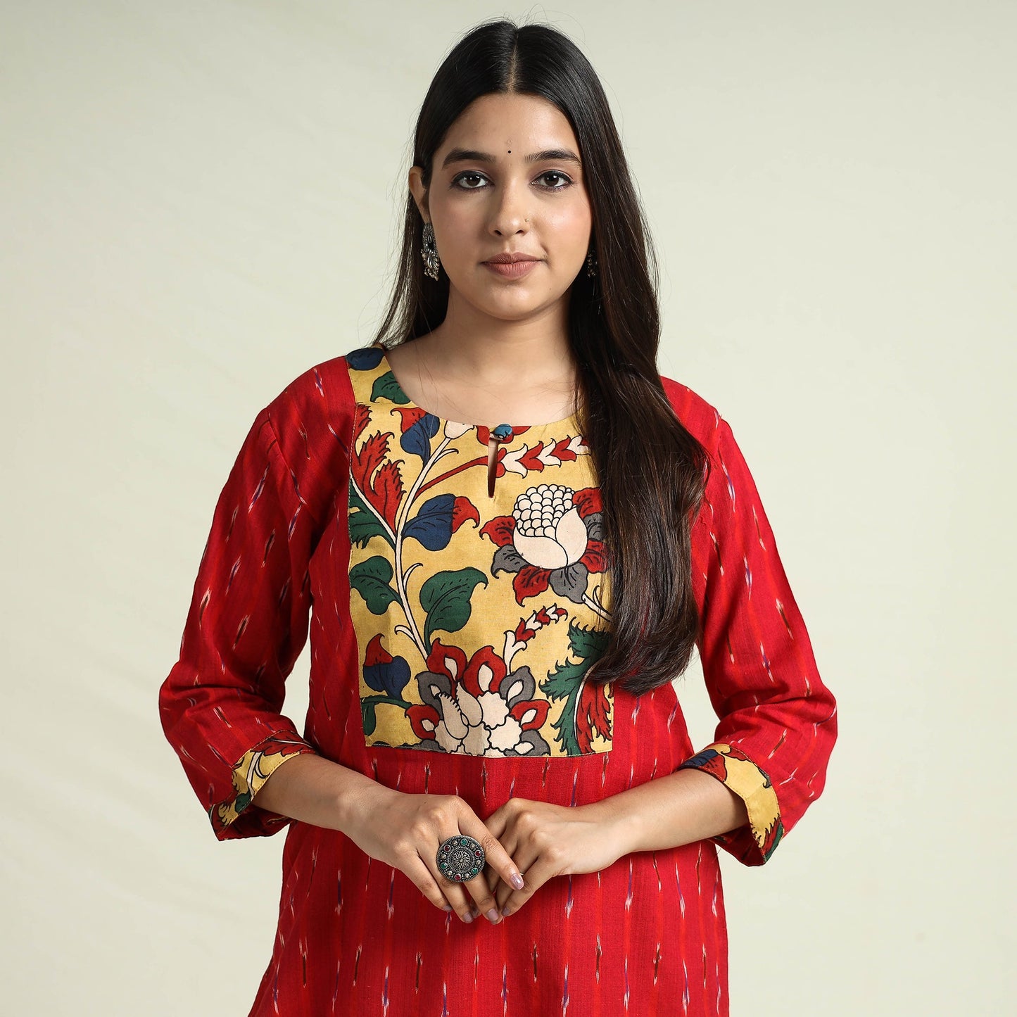 Red Srikalahasti Kalamkari Patchwork Pochampally Ikat Cotton Kurta 