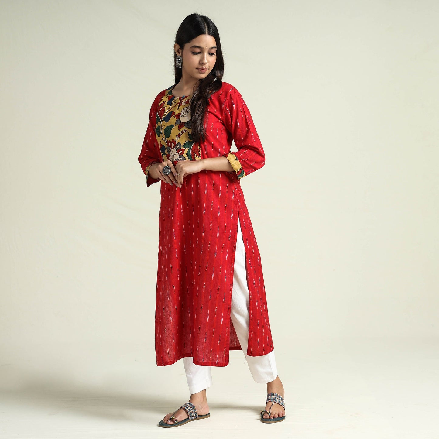 Red Srikalahasti Kalamkari Patchwork Pochampally Ikat Cotton Kurta 