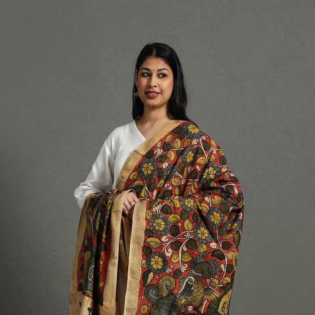 Red - Mangalagiri Cotton Handpainted Pen Work Kalamkari Dupatta 16