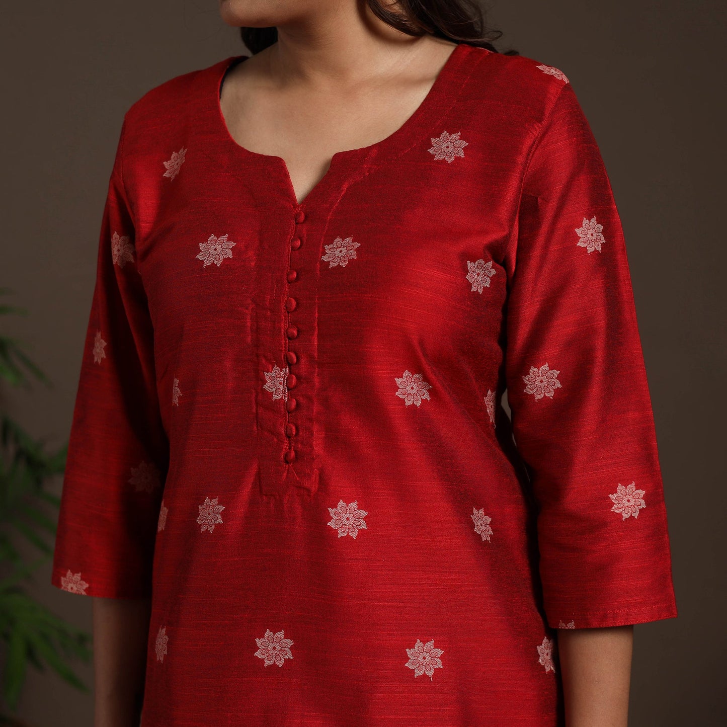 Red - straight buti work spun dupion silk plain kurta set