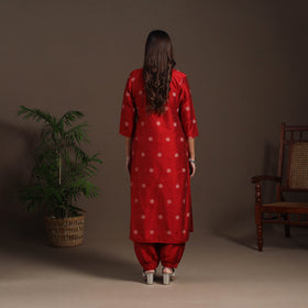 Red - straight buti work spun dupion silk plain kurta set