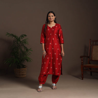 Red - straight buti work spun dupion silk plain kurta set