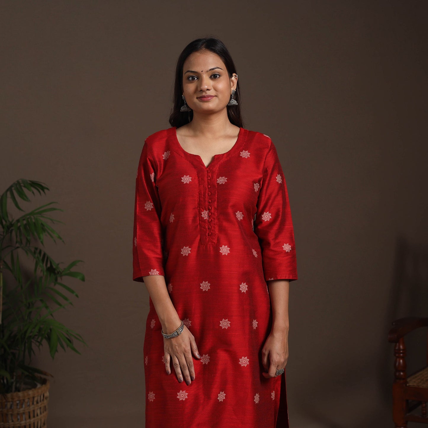 Red - straight buti work spun dupion silk plain kurta set