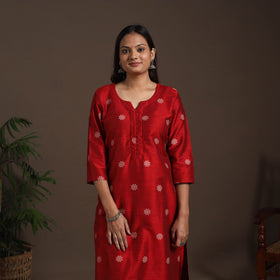 Red - straight buti work spun dupion silk plain kurta set