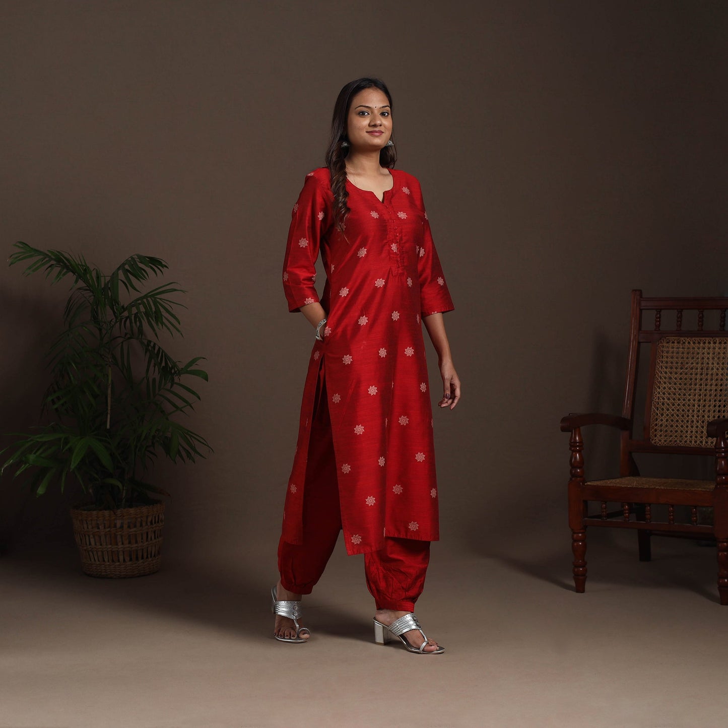 Red - straight buti work spun dupion silk plain kurta set