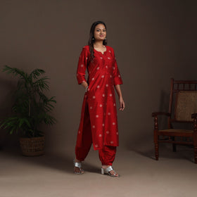Red - straight buti work spun dupion silk plain kurta set
