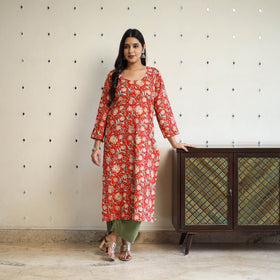  Red Straight Cotton Block Print Sanganeri Kurta