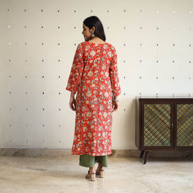  Red Straight Cotton Block Print Sanganeri Kurta