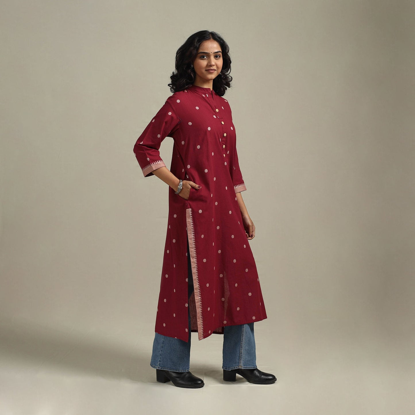 Red - straight cotton jacquard kurta 09 - handcrafted