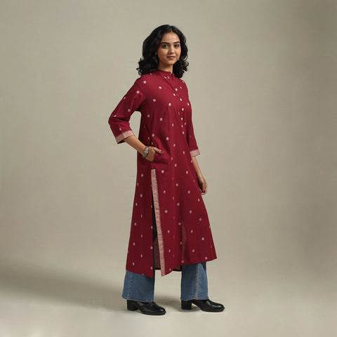 Red - straight cotton jacquard kurta 09 - handcrafted