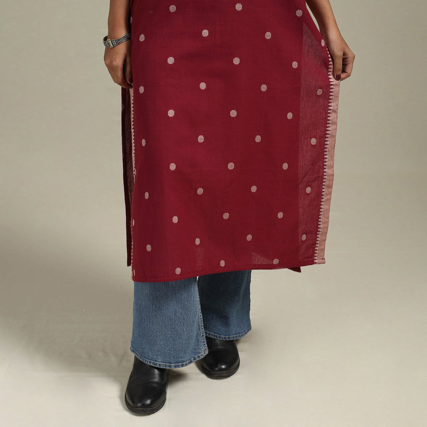 Red - straight cotton jacquard kurta 09 - handcrafted