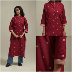 Red - straight cotton jacquard kurta 09 - handcrafted