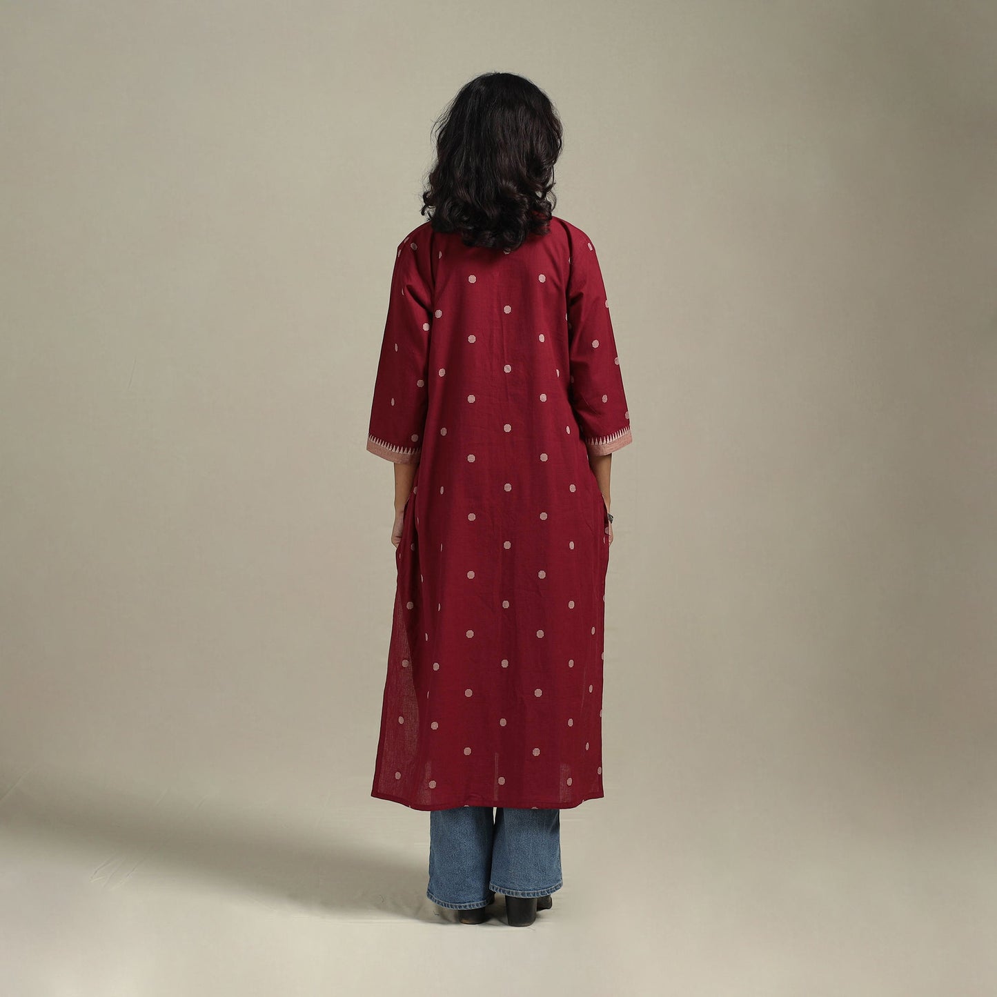 Red - straight cotton jacquard kurta 09 - handcrafted