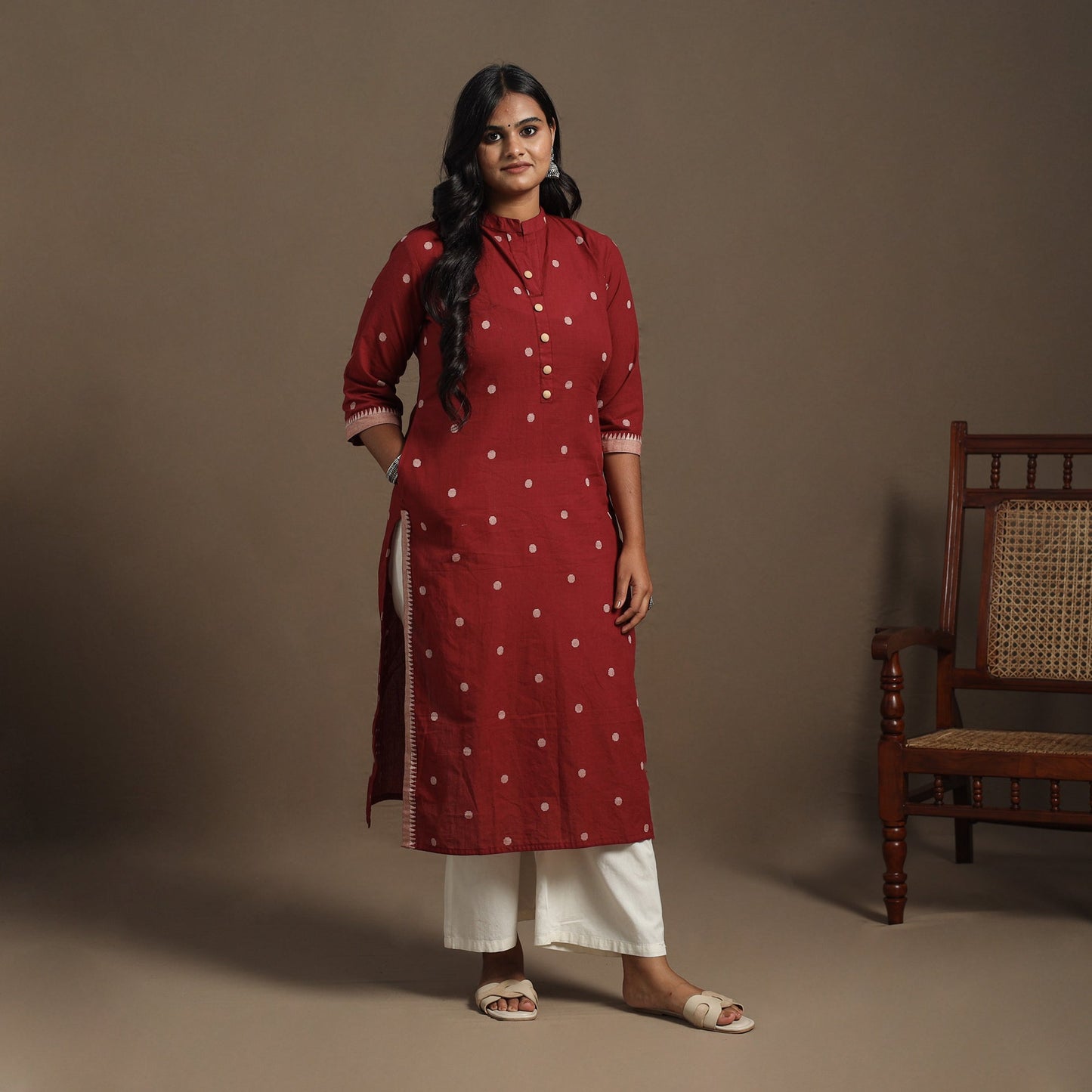 Red Straight Cotton Jacquard Kurta