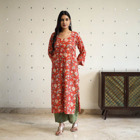  Red Straight Cotton Block Print Sanganeri Kurta
