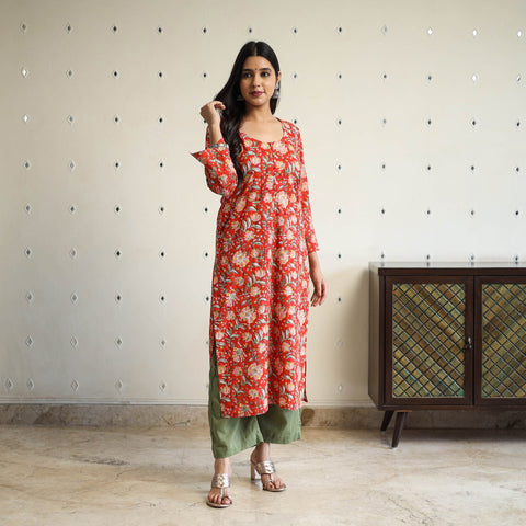 Red Straight Cotton Block Print Sanganeri Kurta