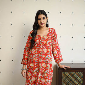  Red Straight Cotton Block Print Sanganeri Kurta