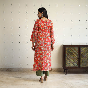  Red Straight Cotton Block Print Sanganeri Kurta