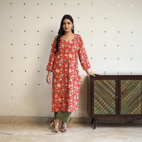  Red Straight Cotton Block Print Sanganeri Kurta
