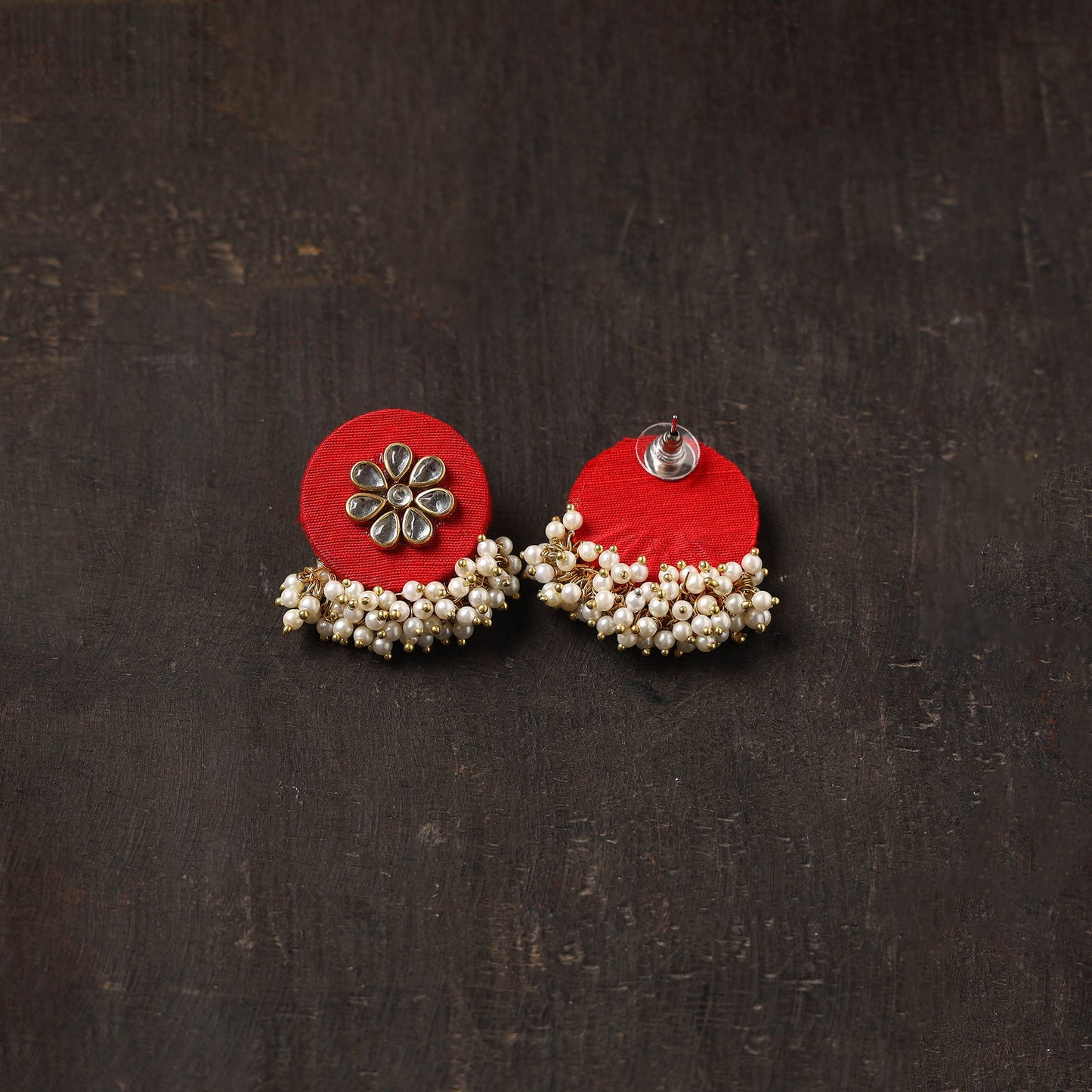 Red - suhana fabart earrings with kundan & beads