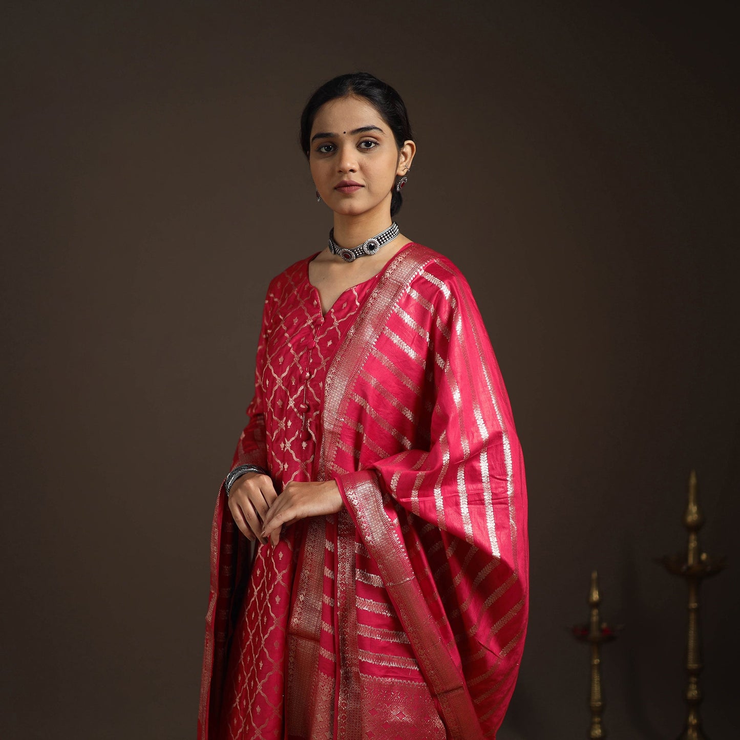 Red - tanchoi silk cotton banarasi kurta set for women (set