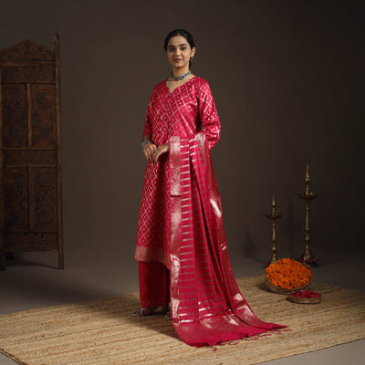 Red - tanchoi silk cotton banarasi kurta set for women (set