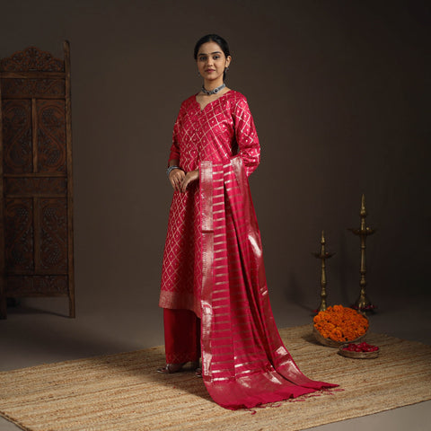 Red - tanchoi silk cotton banarasi kurta set for women (set