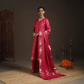 Red - tanchoi silk cotton banarasi kurta set for women (set